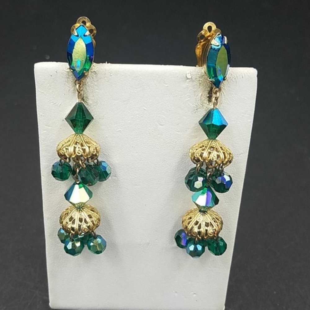 Signed Vintage Green Rhinestone Dangling Chandelier Earrings